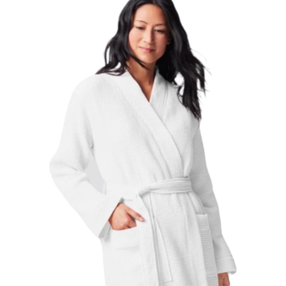 POTTERY BARN Hotel White Waffle Weave Long Sleeve Midi Bath Robe Size Small